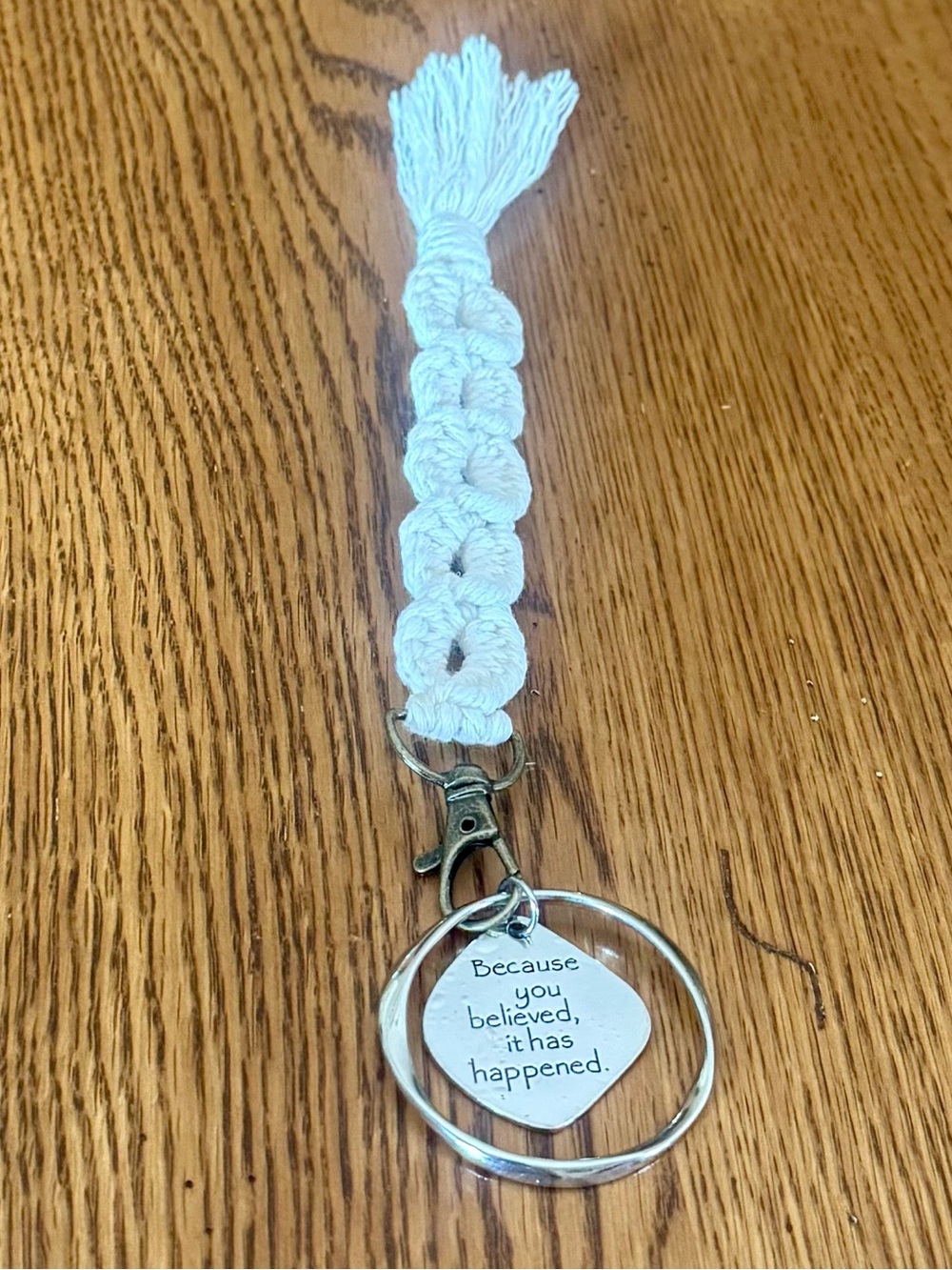 Handmade Macrame Lanyard Keychain "Believe in Miracles" Boho Chic